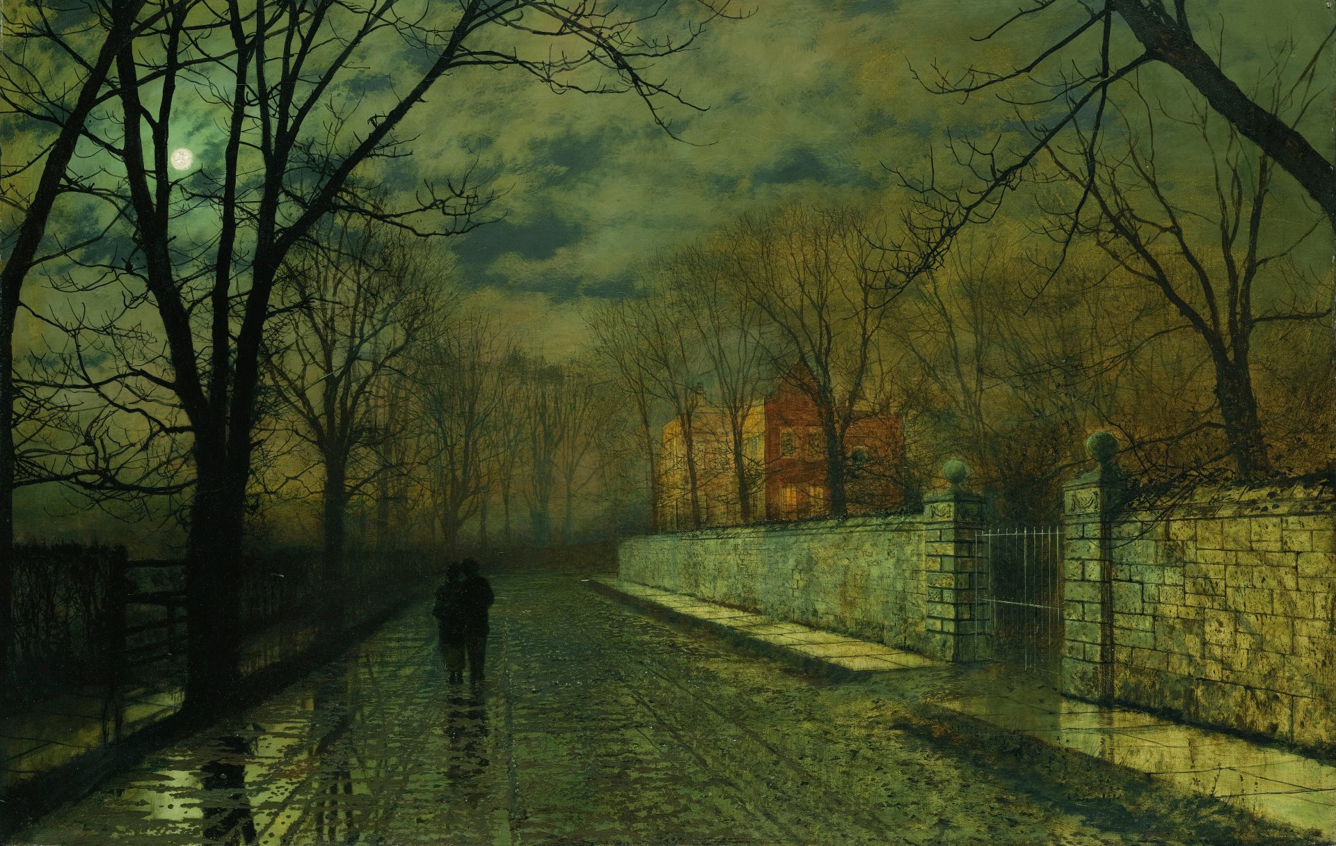 john atkinson figures in a moonlit lane after rain landscape town street moon tree house fence the pair pattern