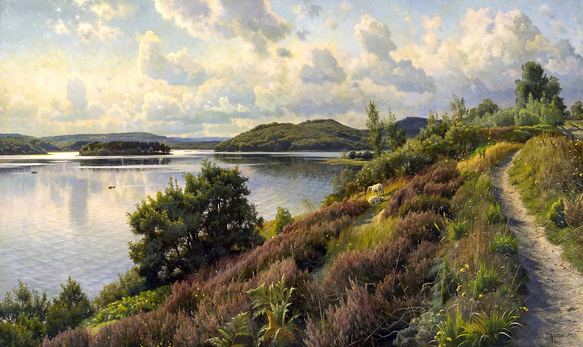 peder monsted pintura paisaje río camino árboles cielo nubes colinas ovejas