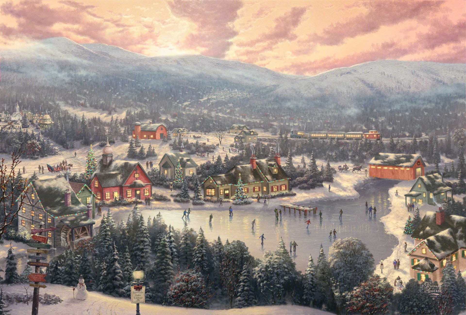 tramonto sul lago fiocco di neve thomas kincaid pittura fata città città inverno lago pista di pattinaggio vacanza natale capodanno abete rosso pupazzo di neve treno ponte mulino montagna foresta tramonto