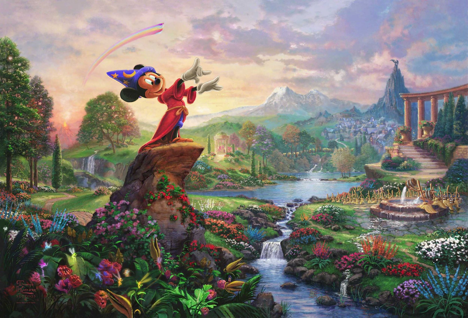 fantasía thomas kincaid pintura thomas kincaid estudios walt disney naturaleza flores mickey montaña águila arco columnas arroyo