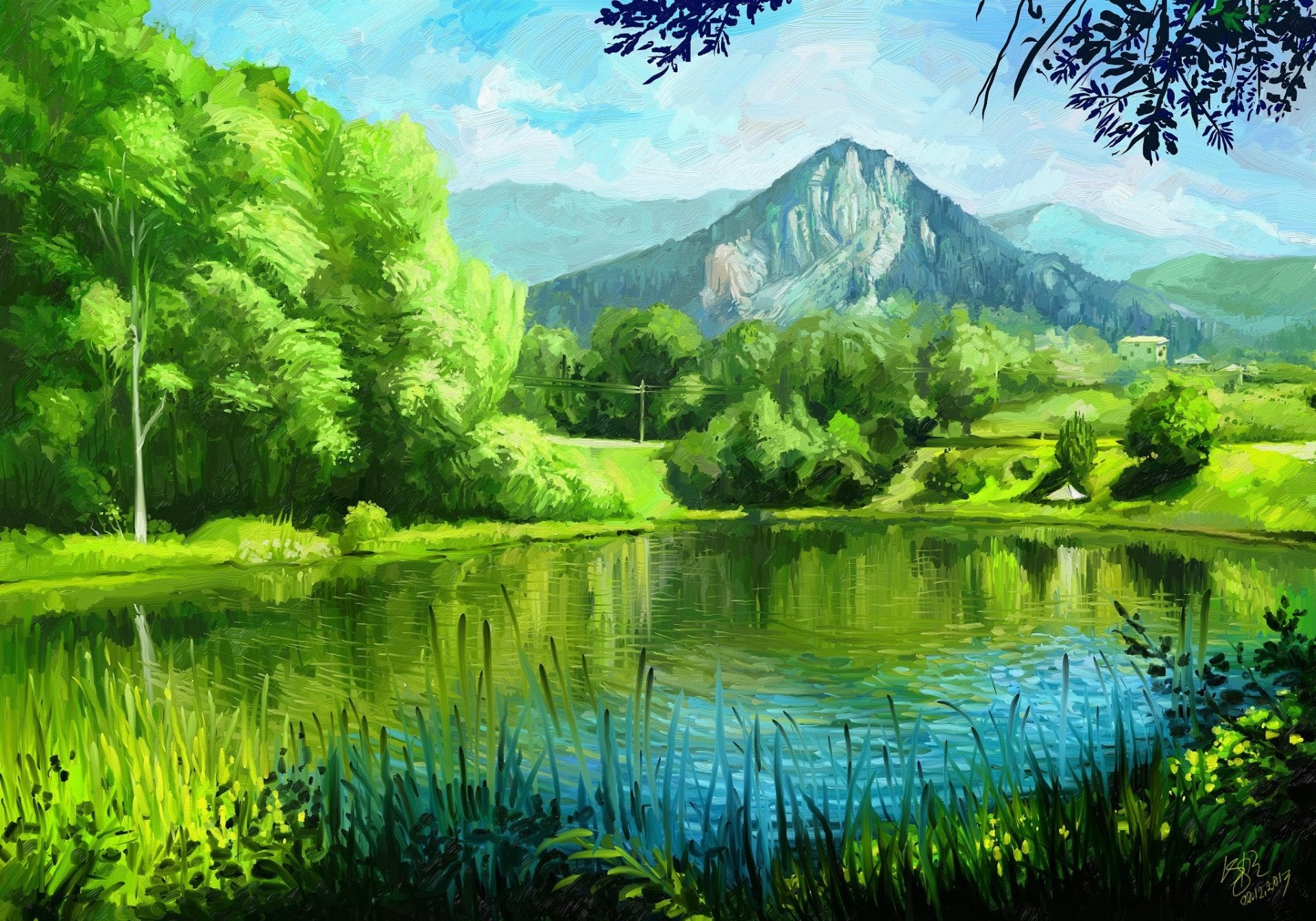 peinture art nature lac herbe été arbres montagnes vert