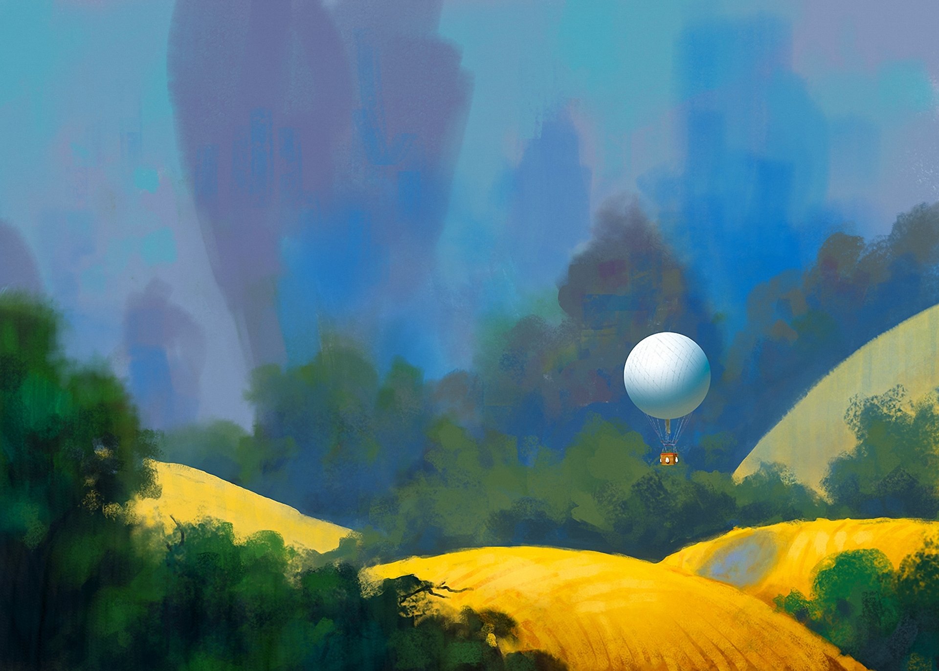 art paysage peint collines ballon