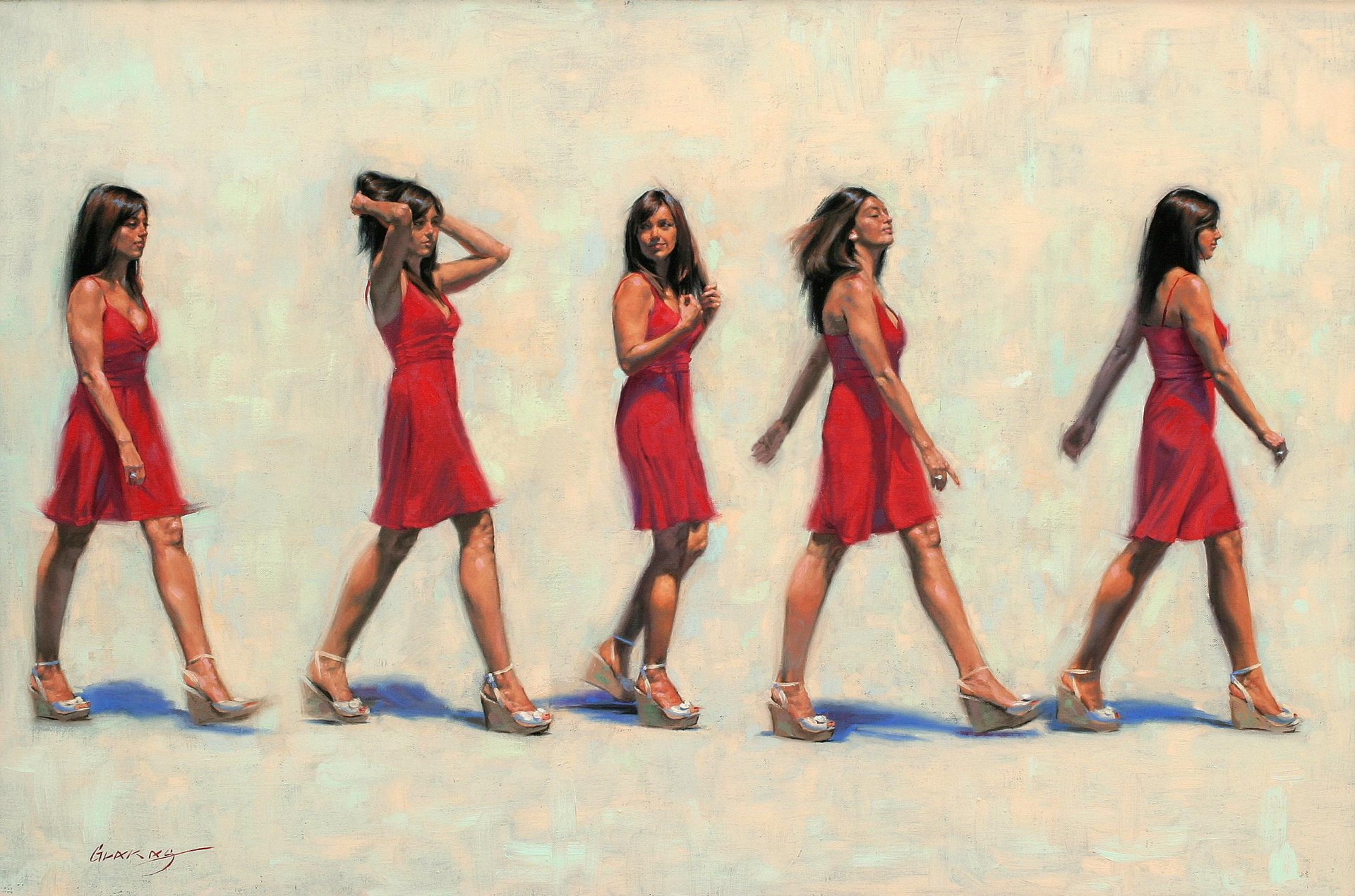 pintura arte gavin glakas chica morena marcha vestido rojo