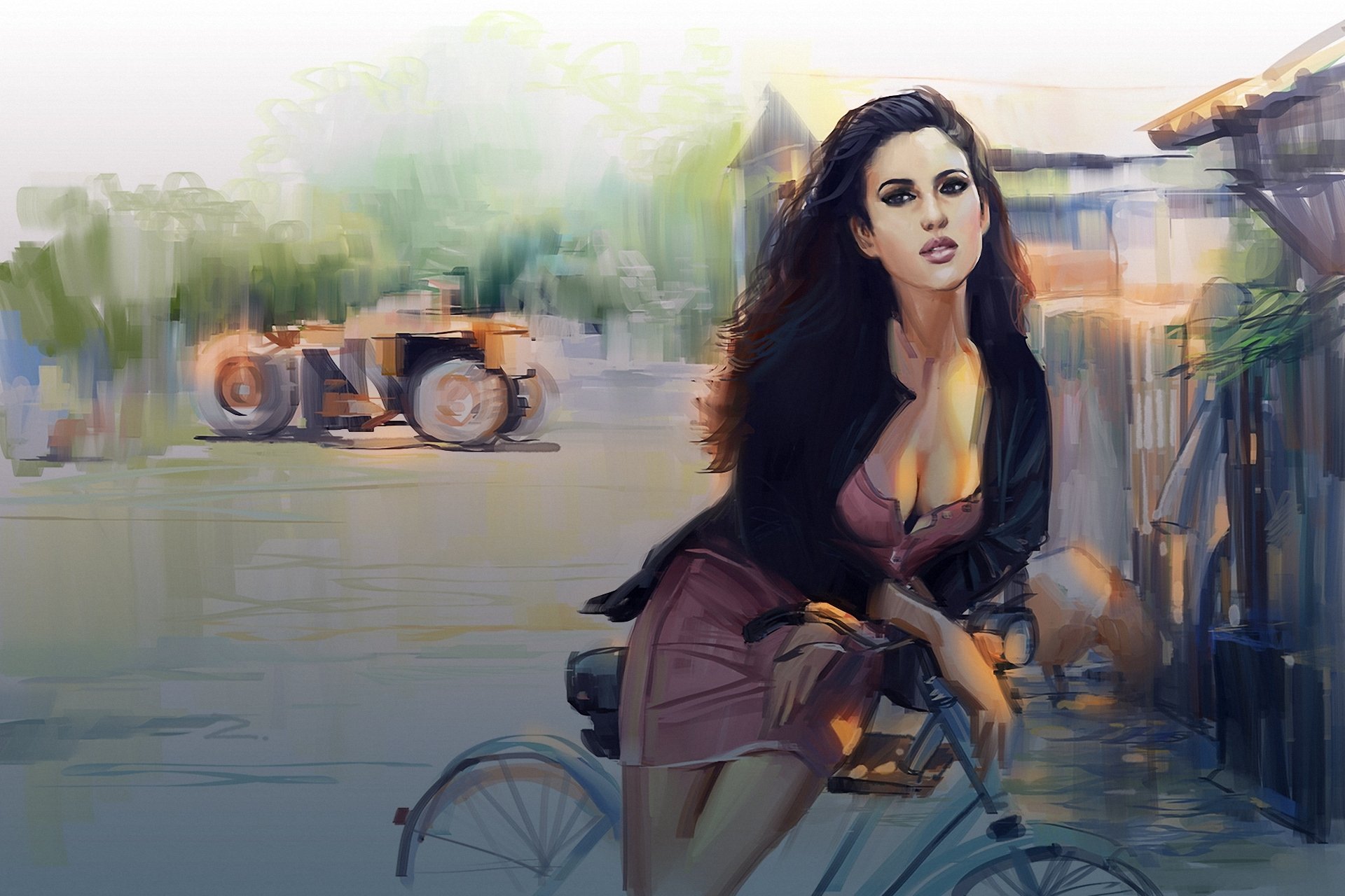 art to draw a girl view street bike