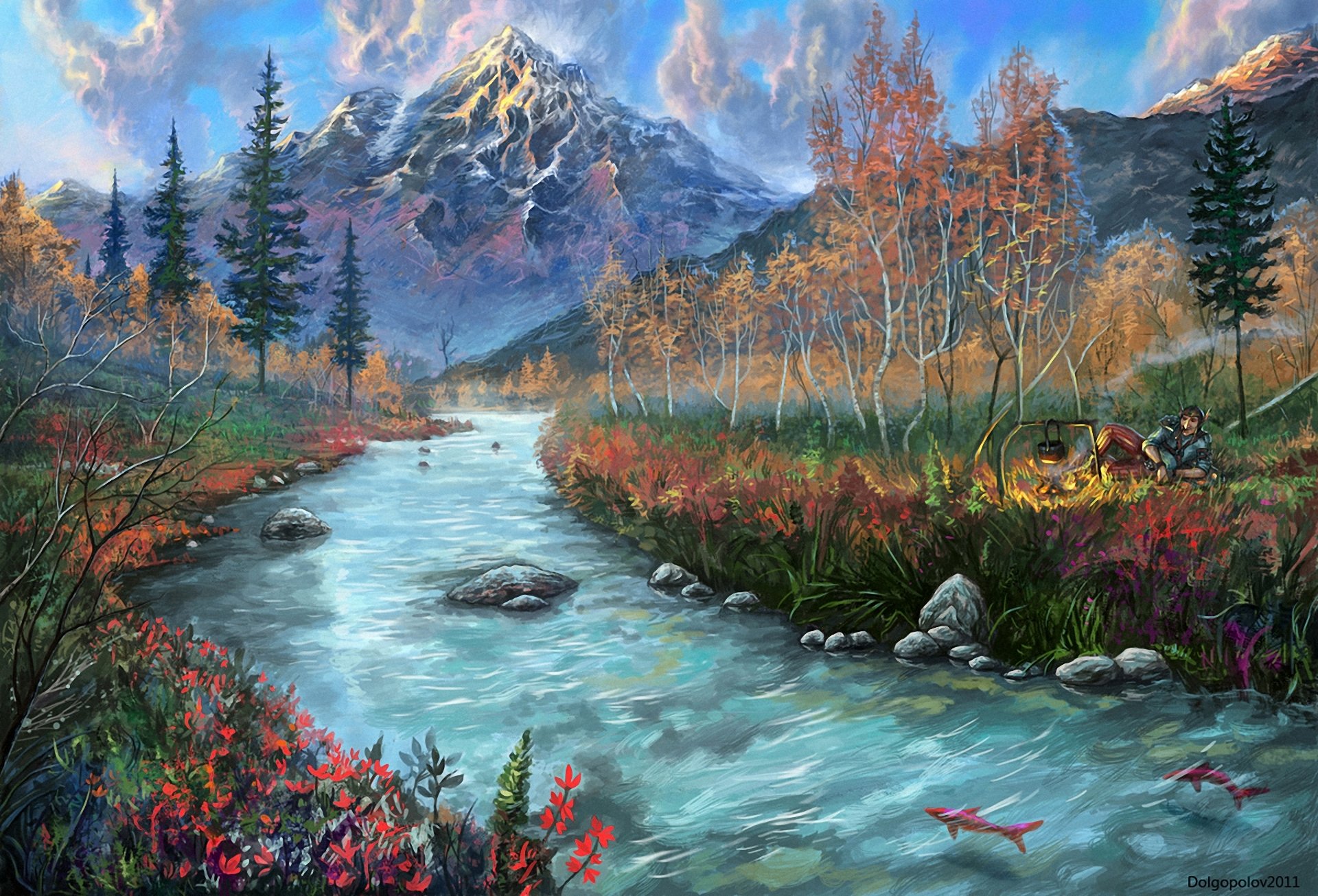 art paysage peint poissons rivière montagnes pierres homme