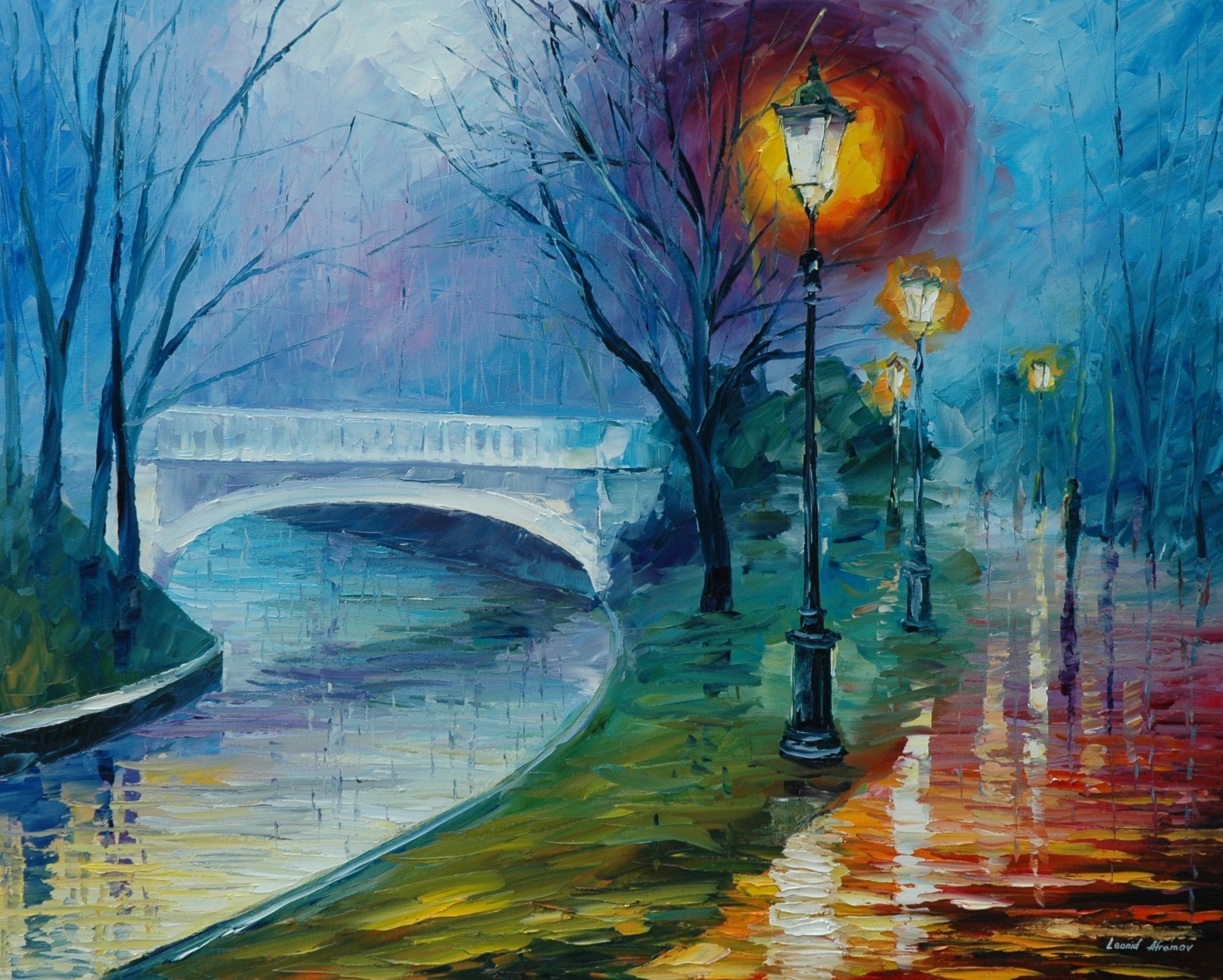 leonid afremov wetter regen lichter licht straße wasser fluss brücke