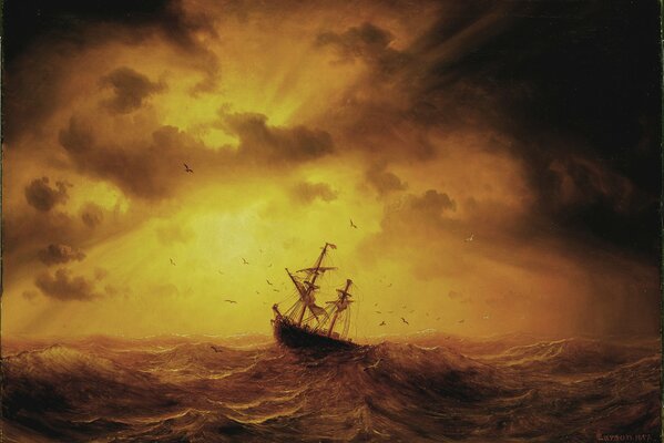 A ship caught in a sea storm