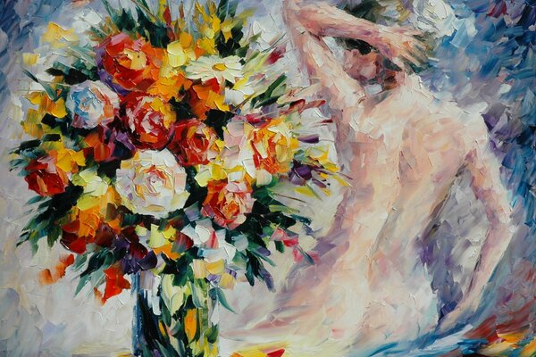 Image de Leonid Afremov une Fille et un bouquet de fleurs dans un vase 