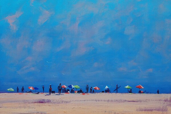 Oil painting of a sea beach with umbrellas and people