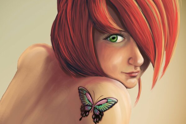 A girl with red hair with a tattoo on her back