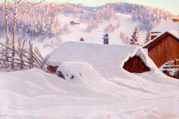 Inverno nel villaggio. Mattina dopo nevicate