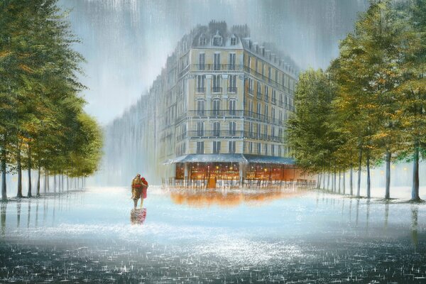 Una pareja camina abrazada por un bulevar bajo la lluvia, imagen de Jeff Rowland