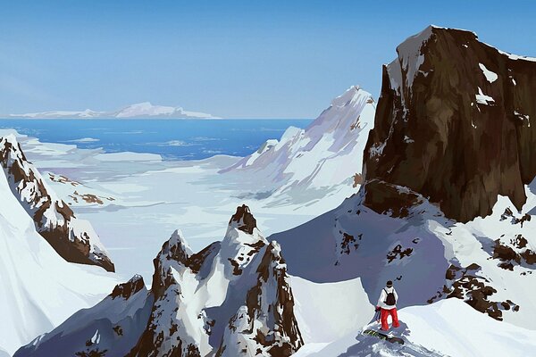 Snowboarder Mira el mar desde las montañas cubiertas de nieve, dibujo de arte