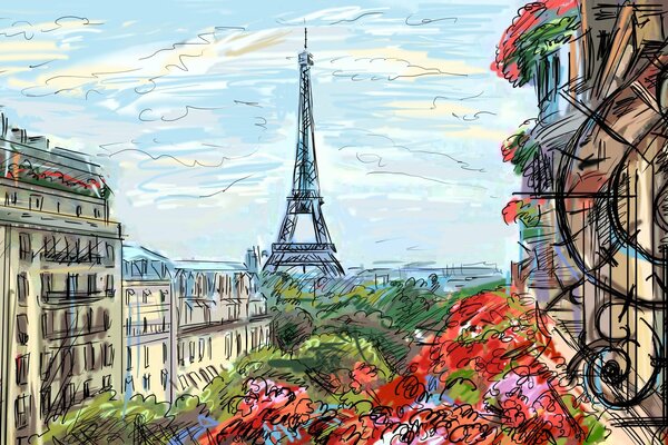 Drawing of the Eiffel Tower with houses