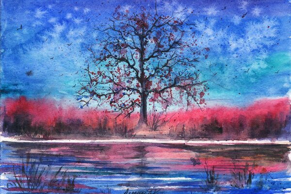 Landscape painted tree birds river