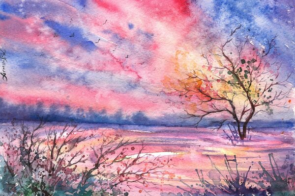 Paysage multicolore aquarelle avec arbre dans l eau