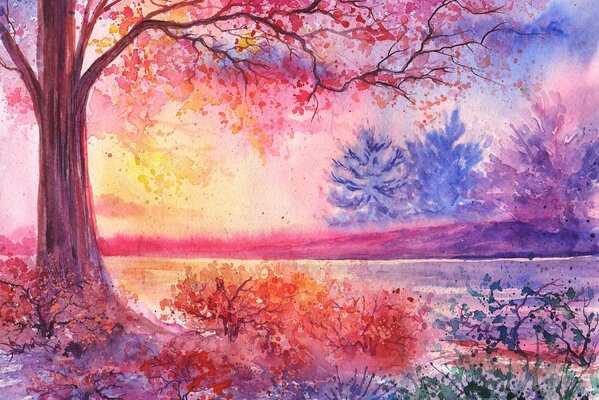 Watercolor landscape tree by the river