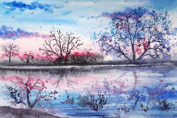 Watercolor landscape of reflection of trees in the river