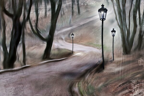 Park path with lanterns in the evening