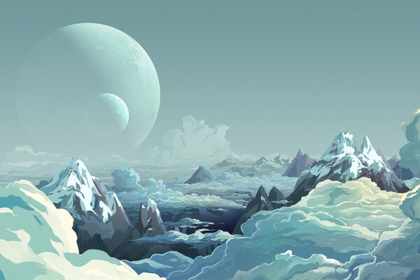 Mountains in the clouds on the background of planets