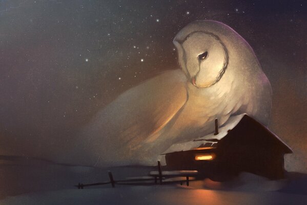 Art a big white owl in the starry sky guards a lonely house