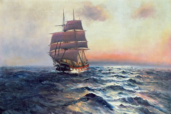 Alfred Jansen s painting a ship with sails at sea