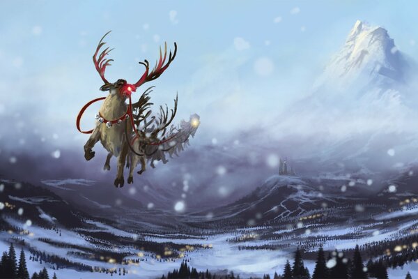 Magic reindeer in harness over the mountains