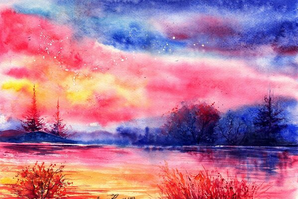 A bright landscape painted in watercolor