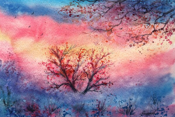 Watercolor landscape of a lonely tree