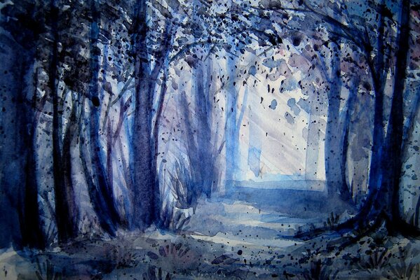 Landscape of the enchanted forest in watercolor