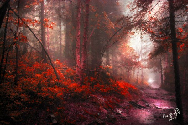 Autumn rainy forest in red and purple shades