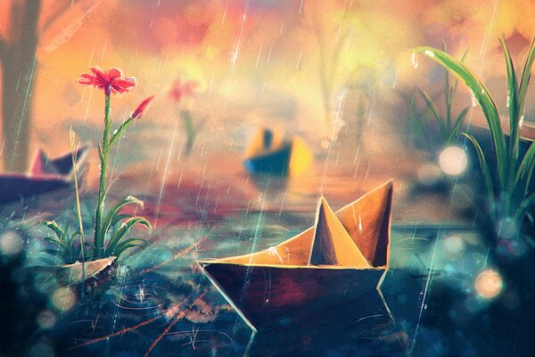 Art wallpaper paper boat sailing in the rain