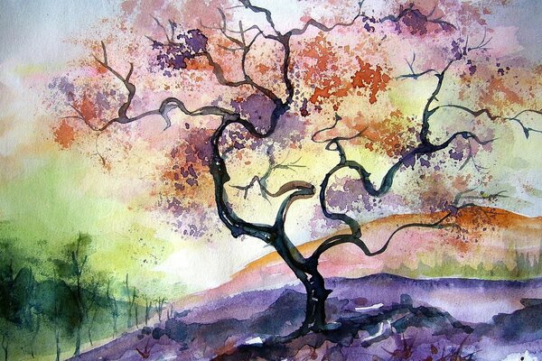 Aquarell Baum und Berge zeichnen