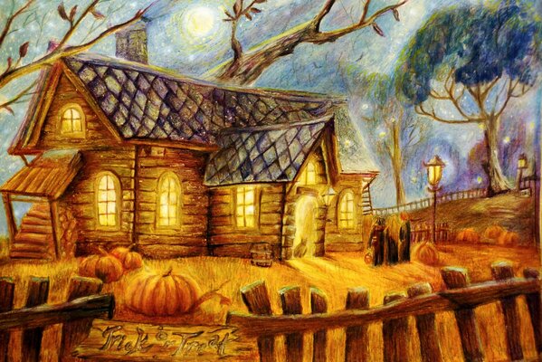 Night village house in front of Halloween