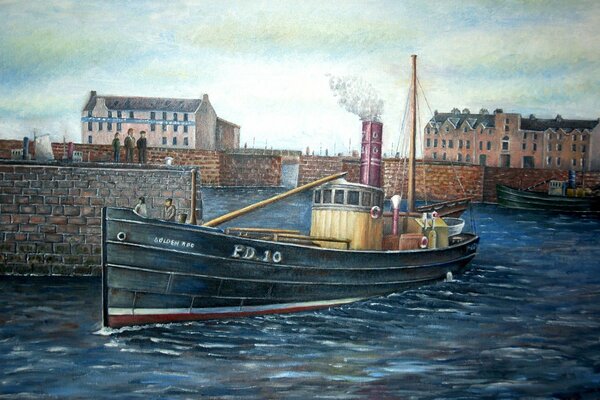 Painting on canvas fishing harbor Scotland