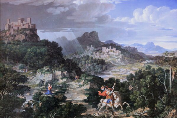 Painting, landscape, forest, rider on a light horse, castle in the distance