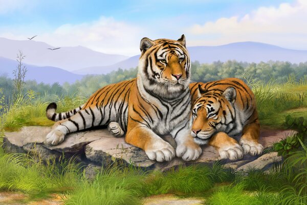 Pintura tigres en piedra