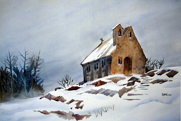 WATERCOLOR PAINTING LANDSCAPE OF A HOUSE IN WINTER