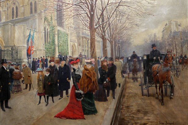 French ladies in fur coats are waiting for a carriage on a winter street