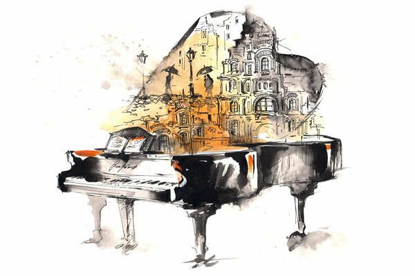 Watercolor drawing a piano is a city