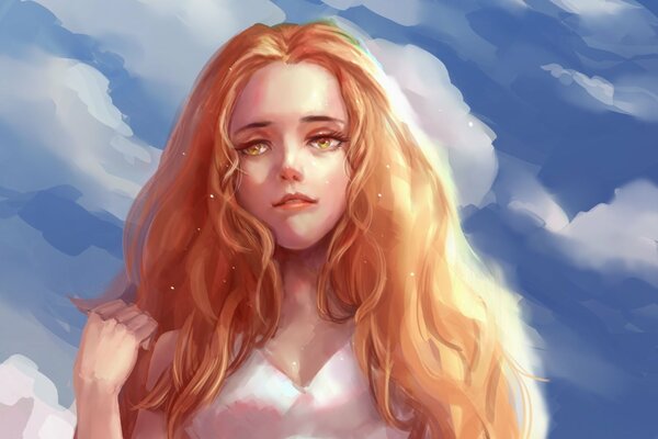 A girl with red hair against the sky