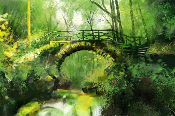 Puente verde en el bosque misterioso