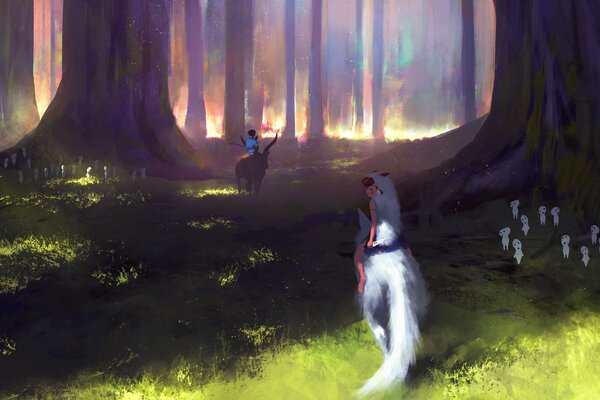 Princess Monoke on a wolf in the forest