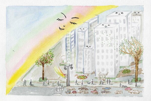 Drawing of a city, people and a rainbow