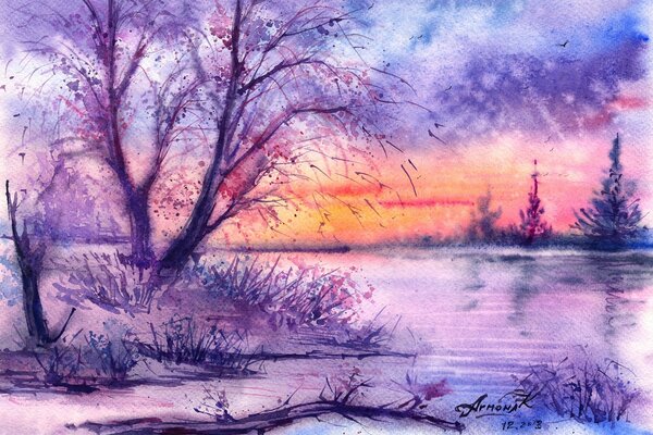 Winterlandschaft mit Aquarell gemalt