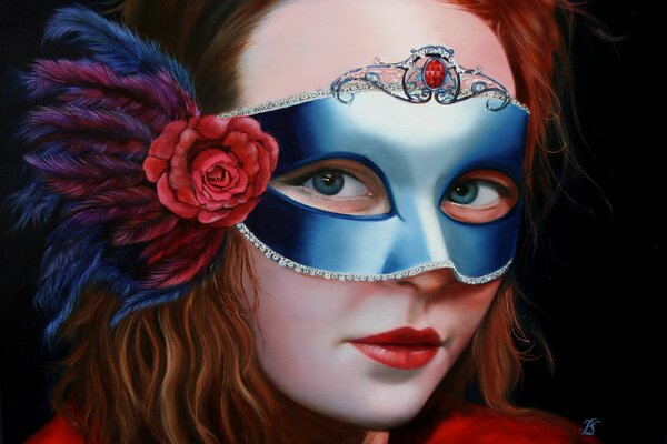 A girl in a mask with flowers and feathers