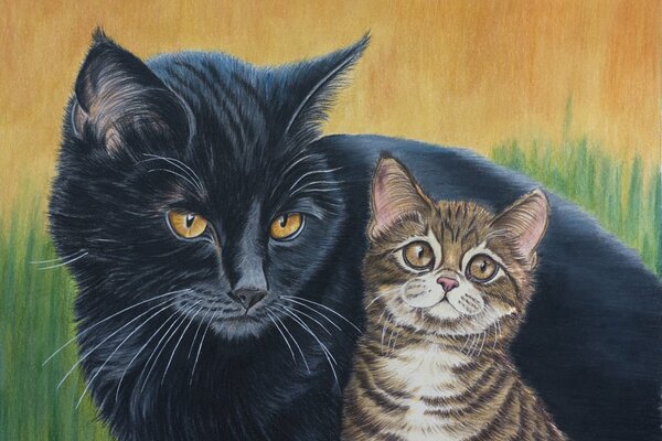 Painted black cat with striped kitten in the grass