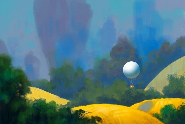 Ballon de paysage d art peint parmi les collines