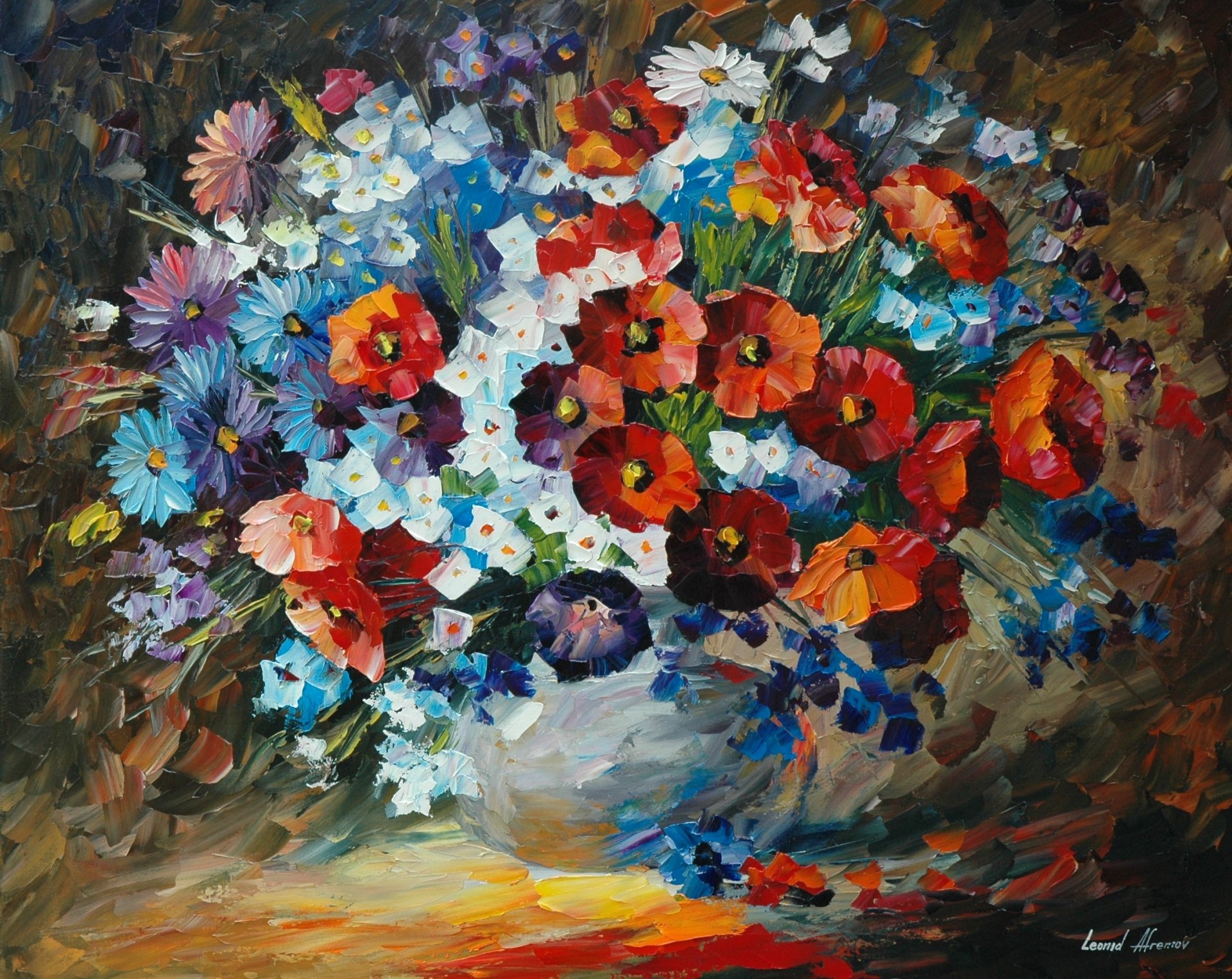 leonid afremov pinturas pintura flores ramo florero pétalos