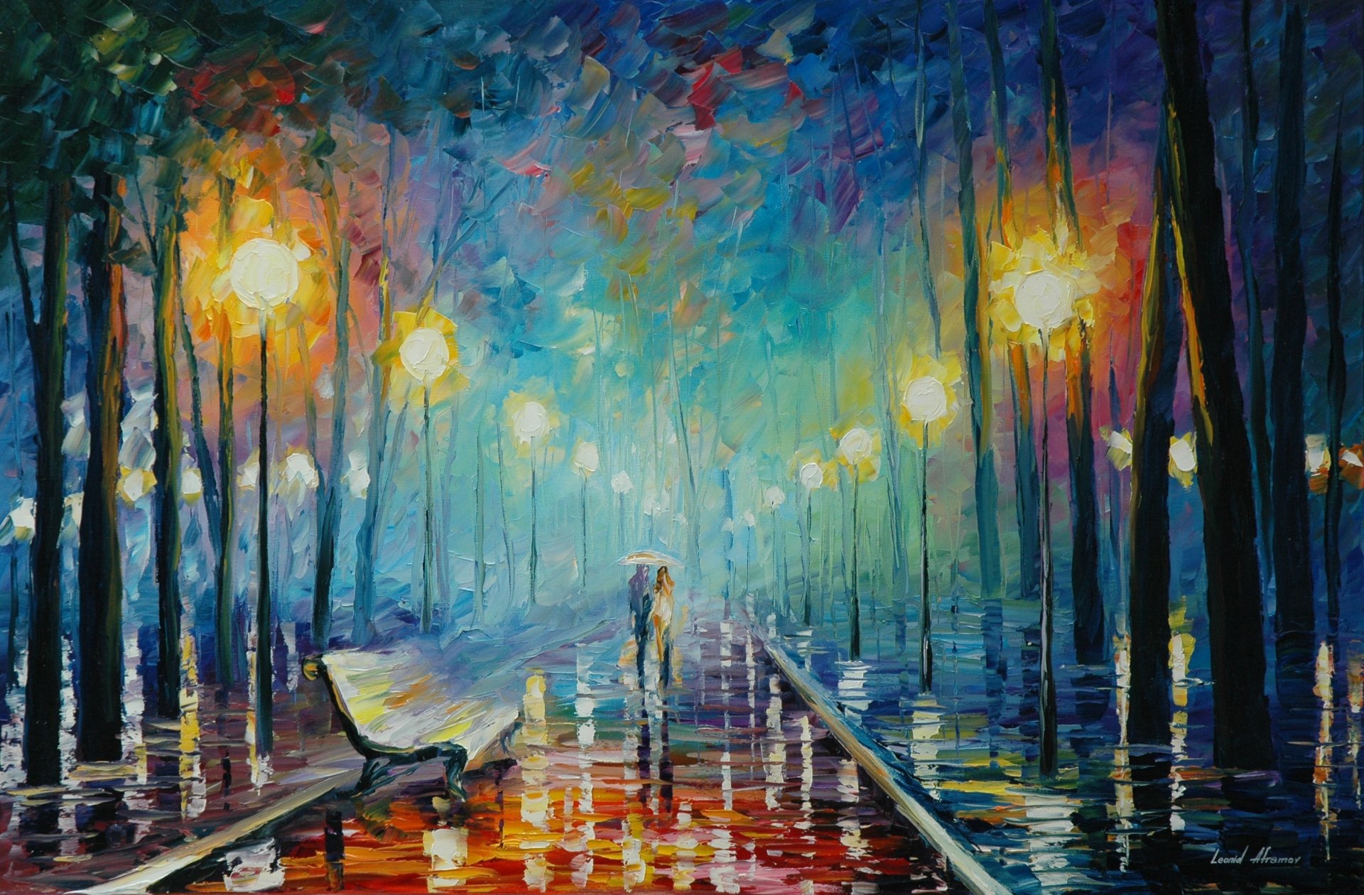 leonid afremov painting the pair umbrella rain shop autumn leaves lamps light